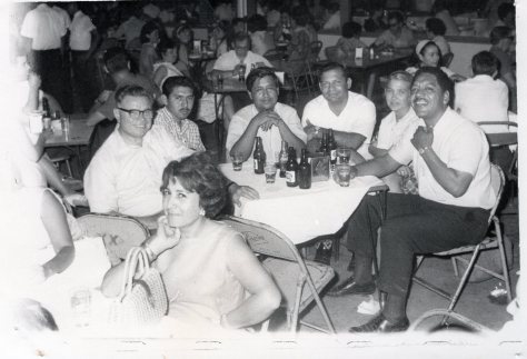 Photo taken on June 9, 1967, after an anti-Connally rally and banquet held by LULAC #12. From left to right Roy L. Reuther, UAW, Ignacio A. Perez, Cesar Chavez, Erasmo Andrade, Peggy Milner, and Pancho Medrano, UAW. Relaxing at Mexico Tipico, in Nuevo Laredo, Tamps., Mexico.
